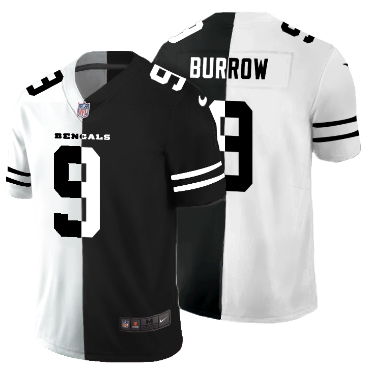 Men's Cincinnati Bengals #9 Joe Burrow Black & White Split Limited Stitched Jersey